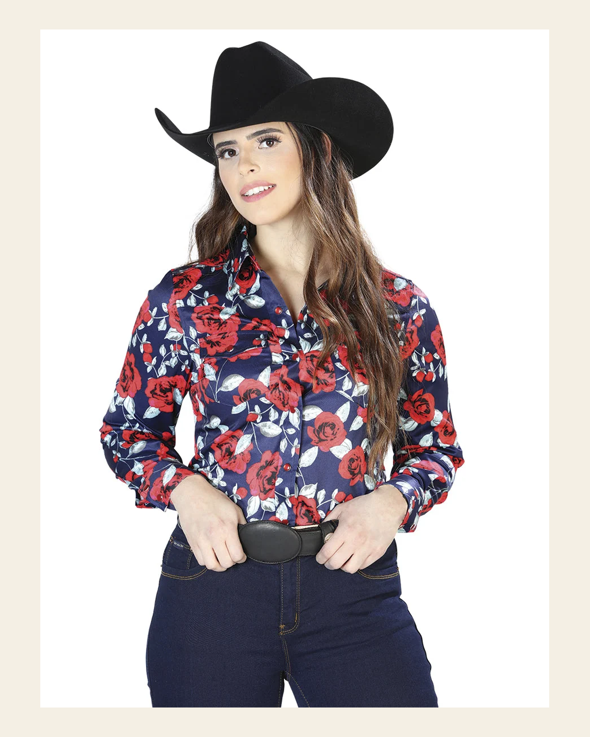 Blue Rose Print Long Sleeve Shirt 44112 on a warm cream background