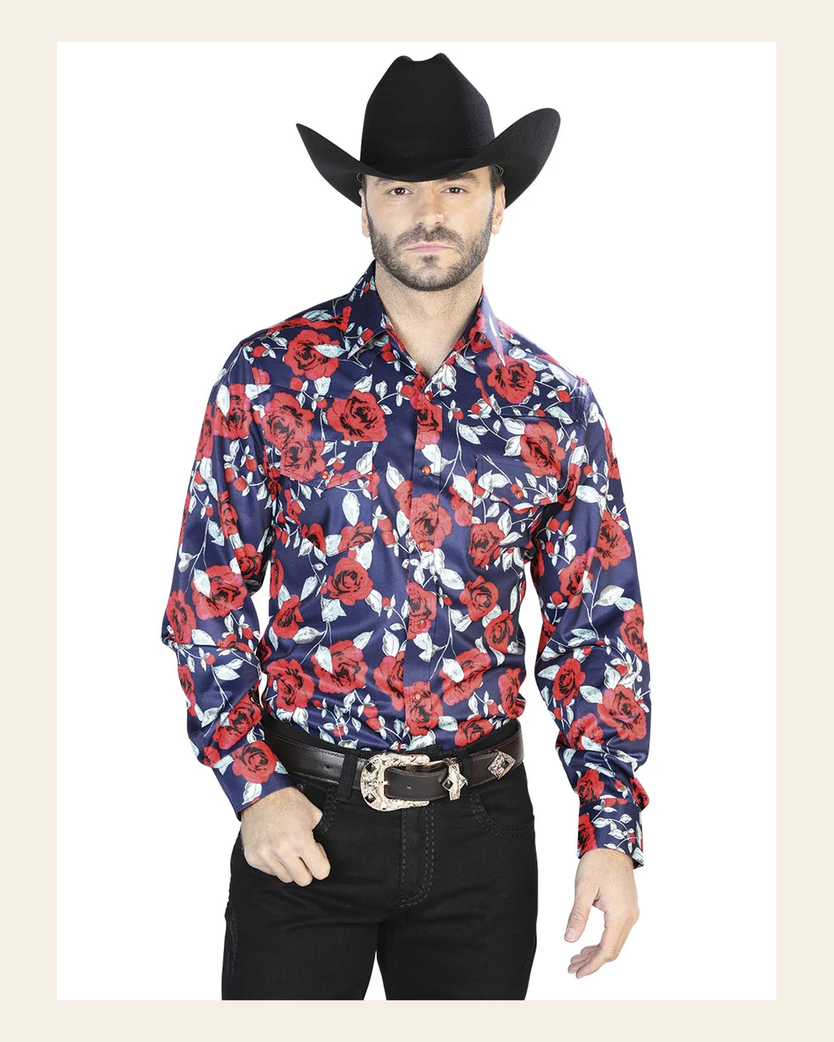 Blue With Print Roses Casual Long Sleeve Shirt 44098 on a warm cream background