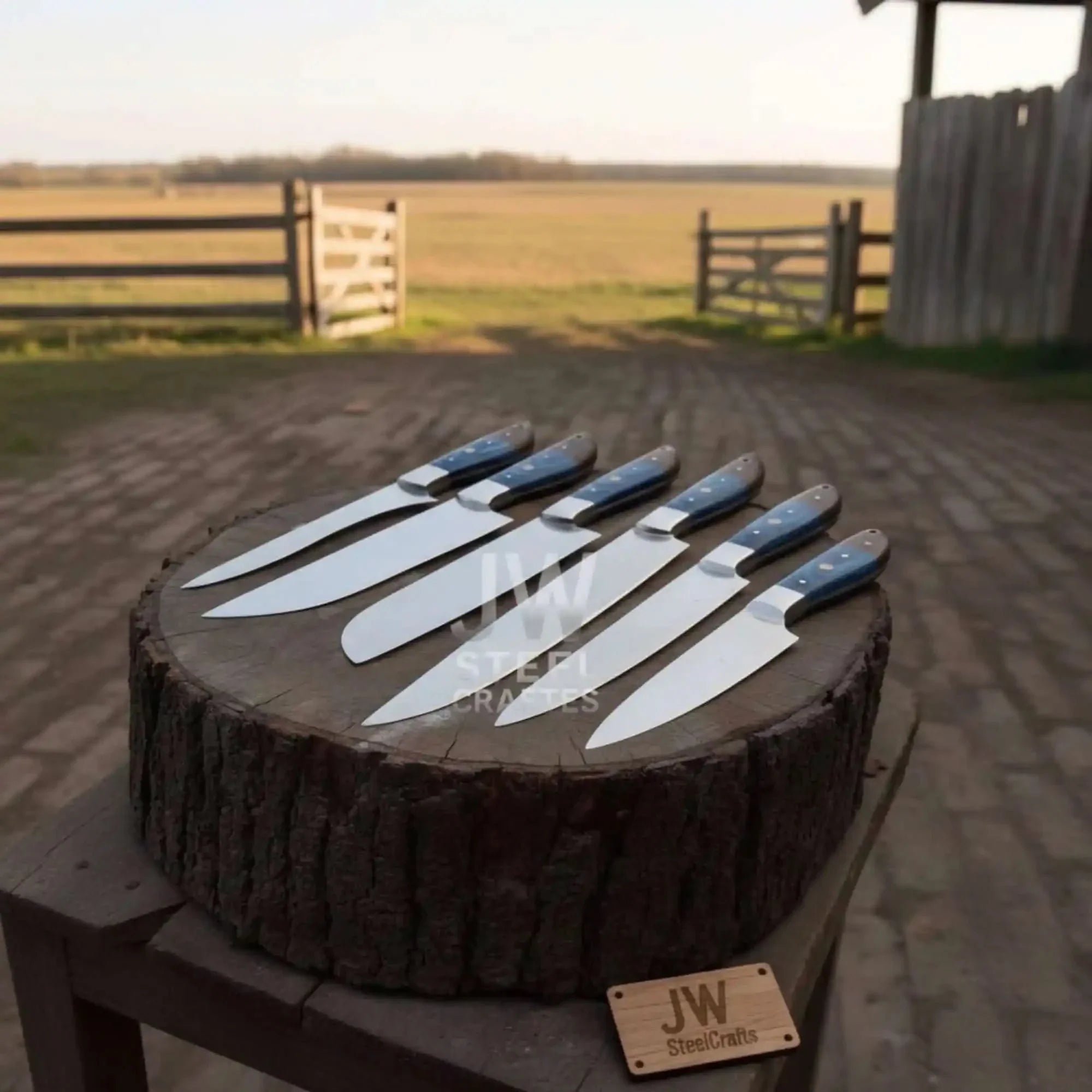 Blue Wood Damascus Chef Knife Set: 5-Piece Handmade Collection