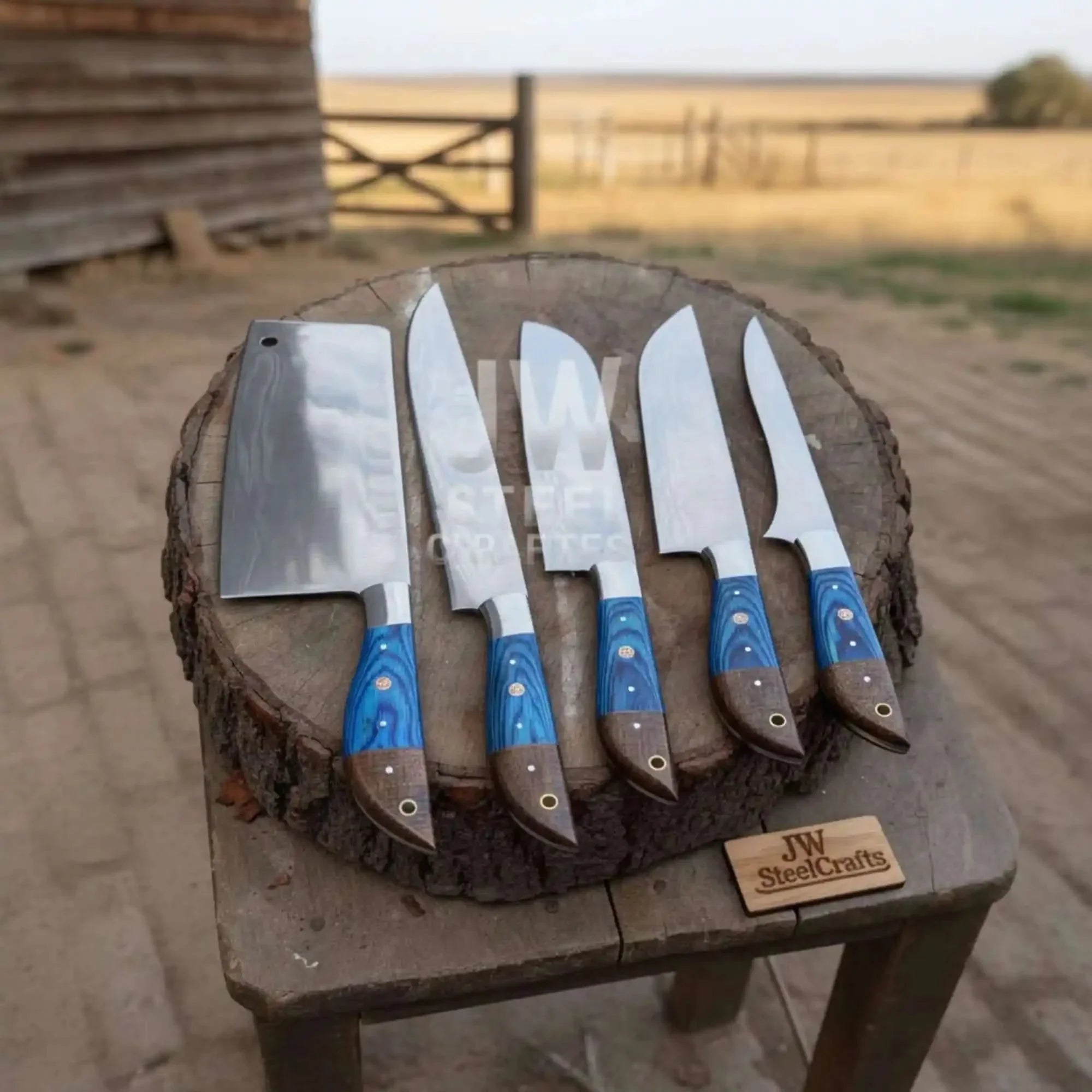 Blue Wood Damascus Chef Knife Set: 5-Piece Handmade Collection