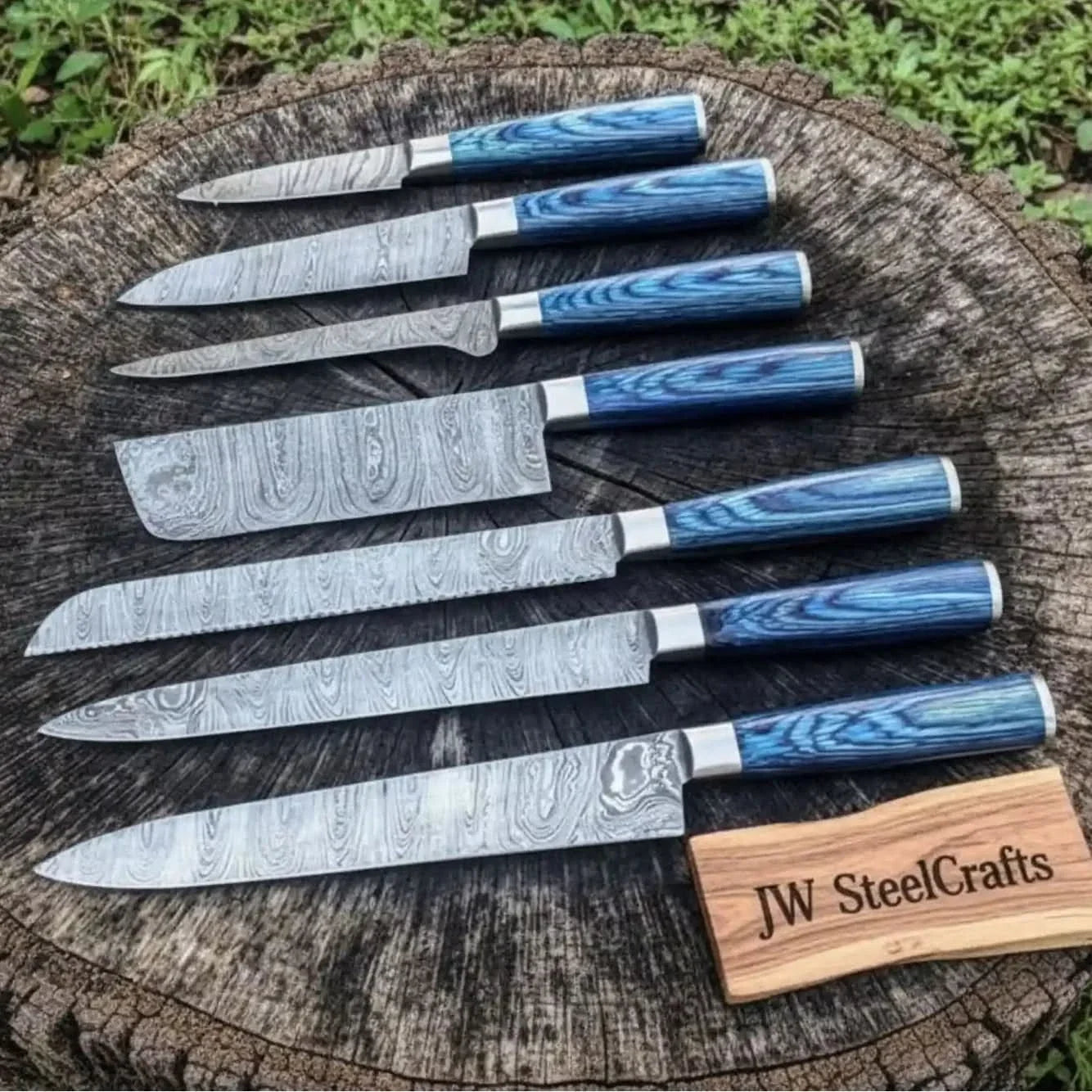7-Piece Damascus Knife Set Blue Stabilized Wood with Wood Grain Blades
