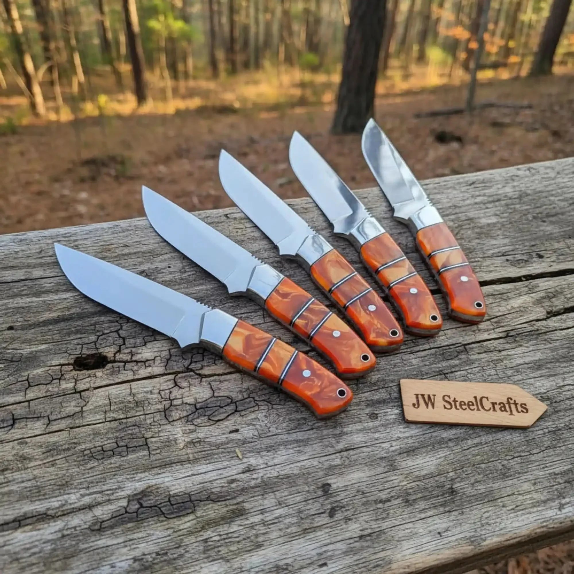 Handmade Artisan Scandi Bushcraft Knife Set 5-Piece with Scandi Grind & Orange Resin Handles