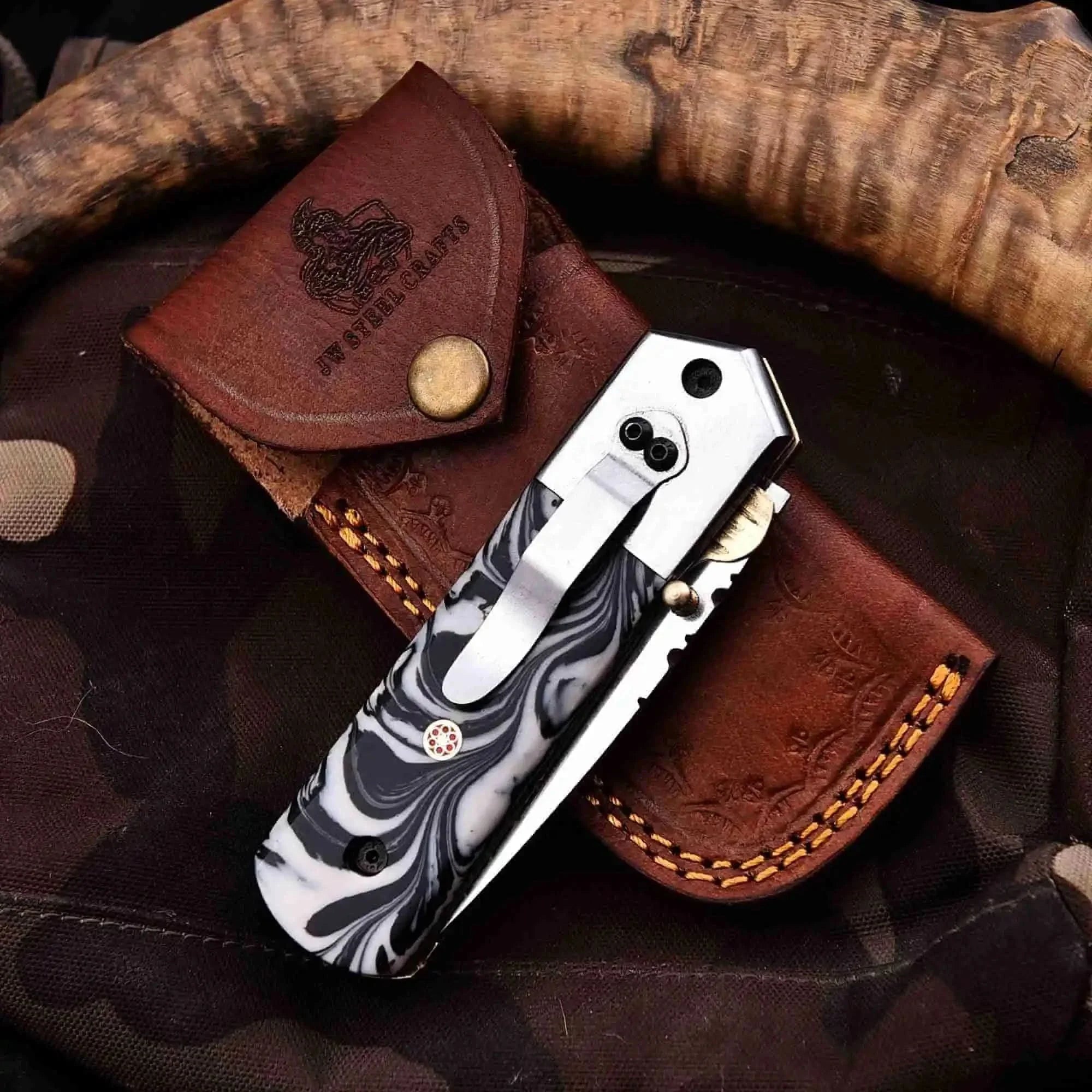 Hand-Forged Marble Resin Pocket Knife With Stainless Steel Blade