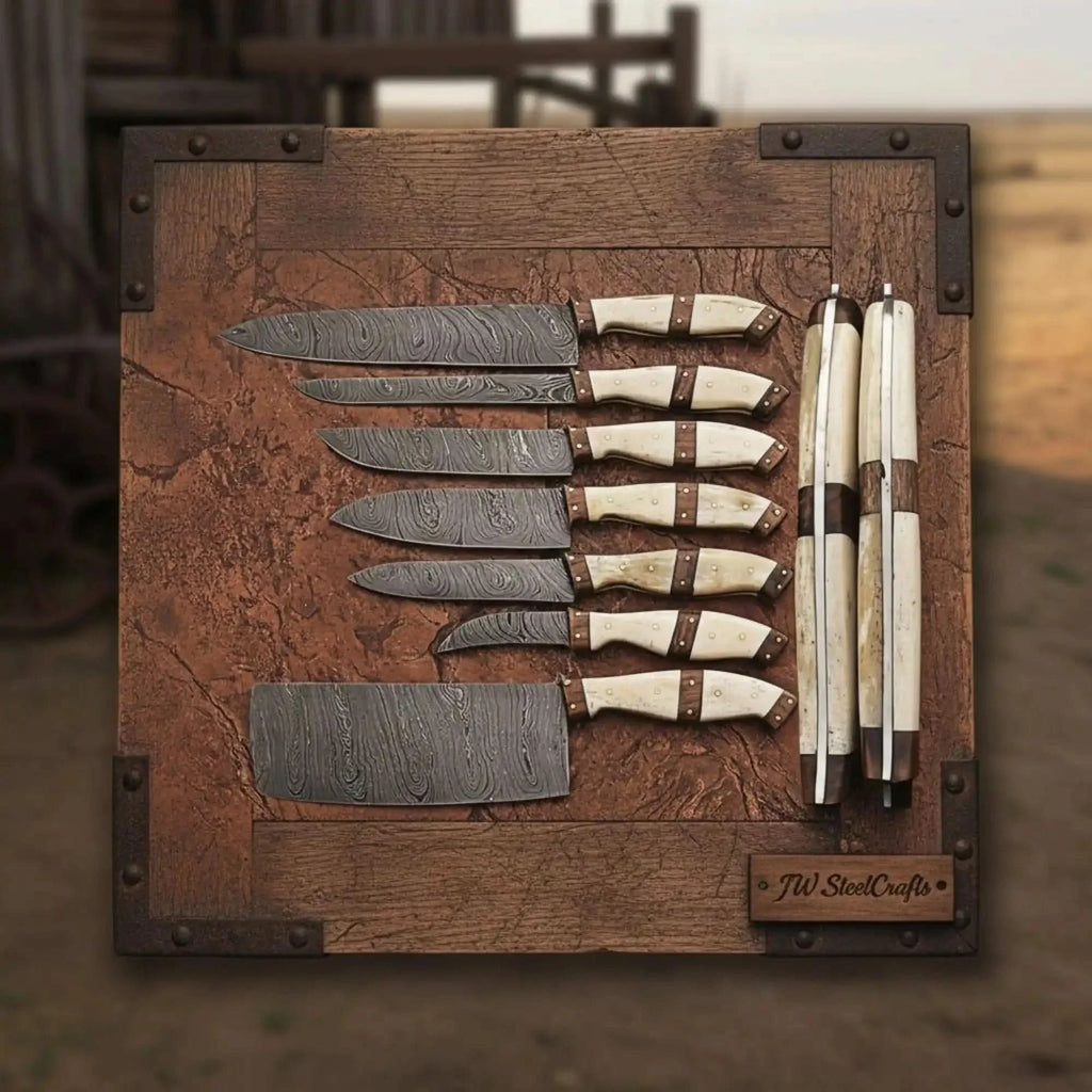 7-Piece Damascus Kitchen Knife Set — Bread, Cleaver, Chef, Santoku, Fillet, Boning & Utility