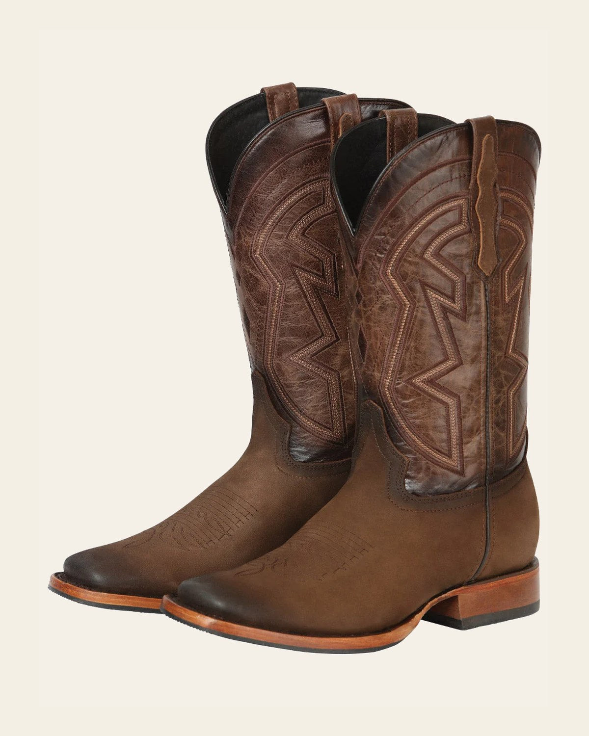 El General Men’s Leather Cowboy Boots - Made in Mexico - Nubuck Camel 45568 on a warm cream background