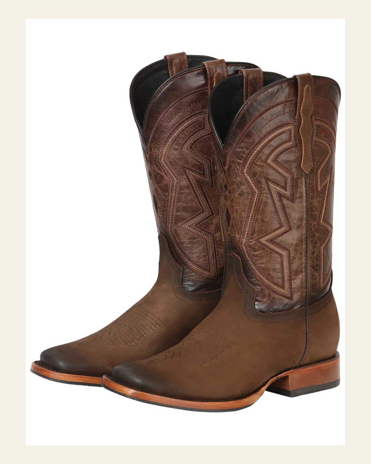 El General Men’s Leather Cowboy Boots - Made in Mexico - Nubuck Camel 45568 on a warm cream background