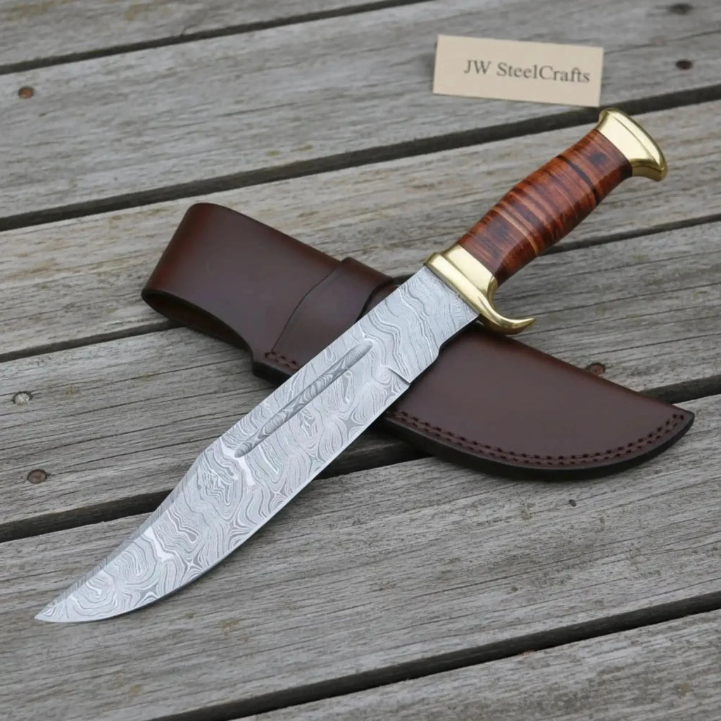 Traditional Bowie Fixed Blade Knife Brass Guard Leather Sheath