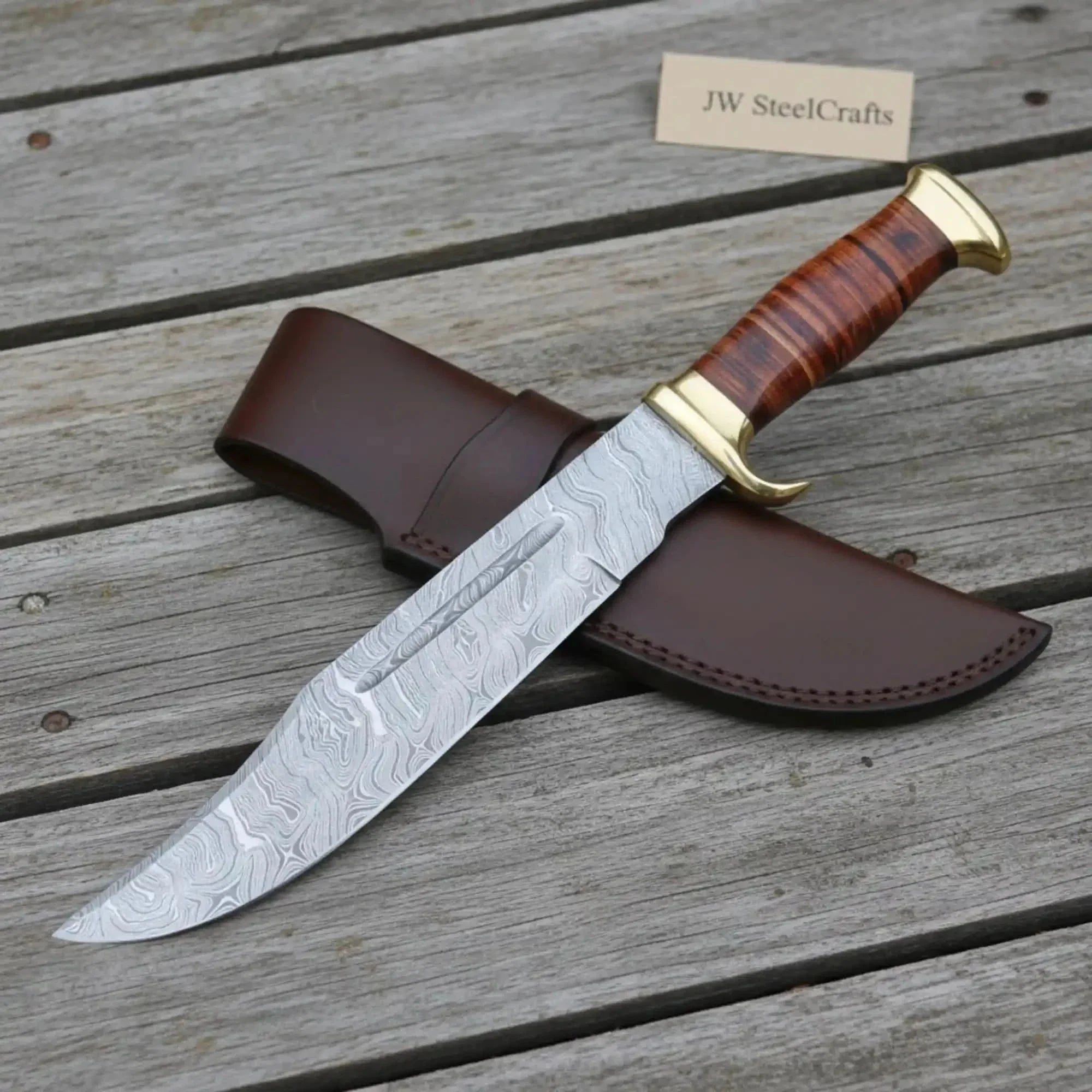 Traditional Bowie Fixed Blade Knife Brass Guard Leather Sheath