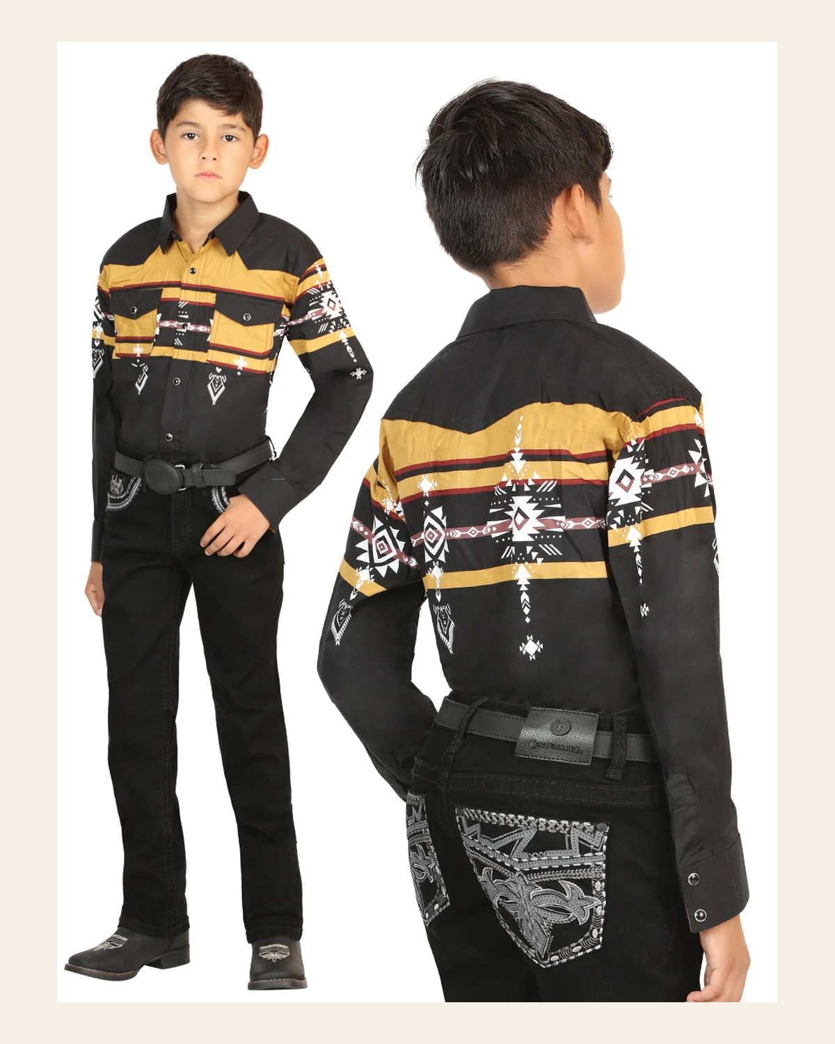 Boys Centenario Premium Bootcut Jeans - Black Denim 45841 on a warm cream background