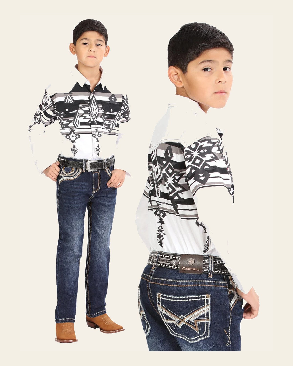 Boys Centenario Premium Bootcut Jeans - Dark Blue Denim 45914 on a warm cream background