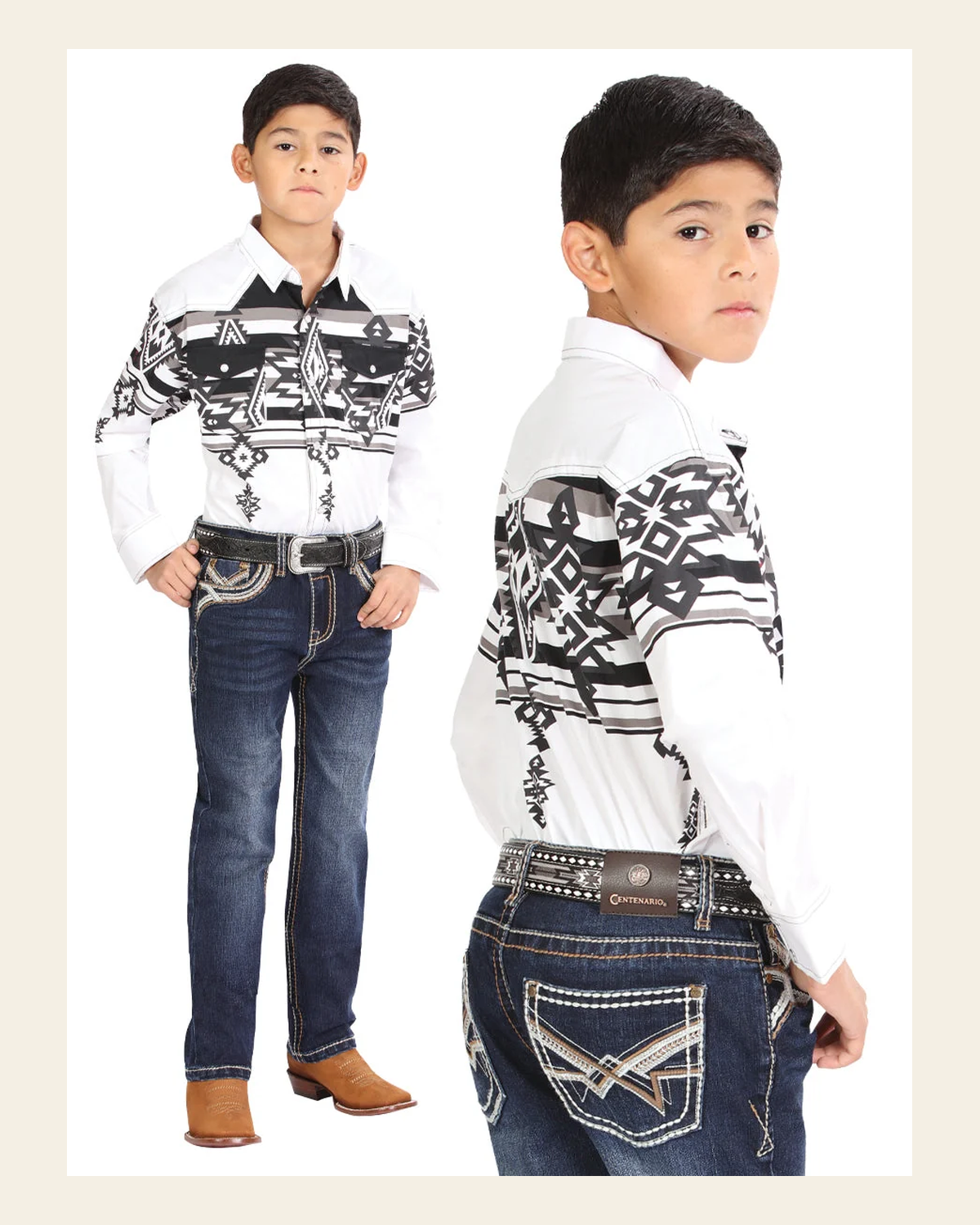 Boys Centenario Premium Bootcut Jeans - Dark Blue Denim 45914 on a warm cream background