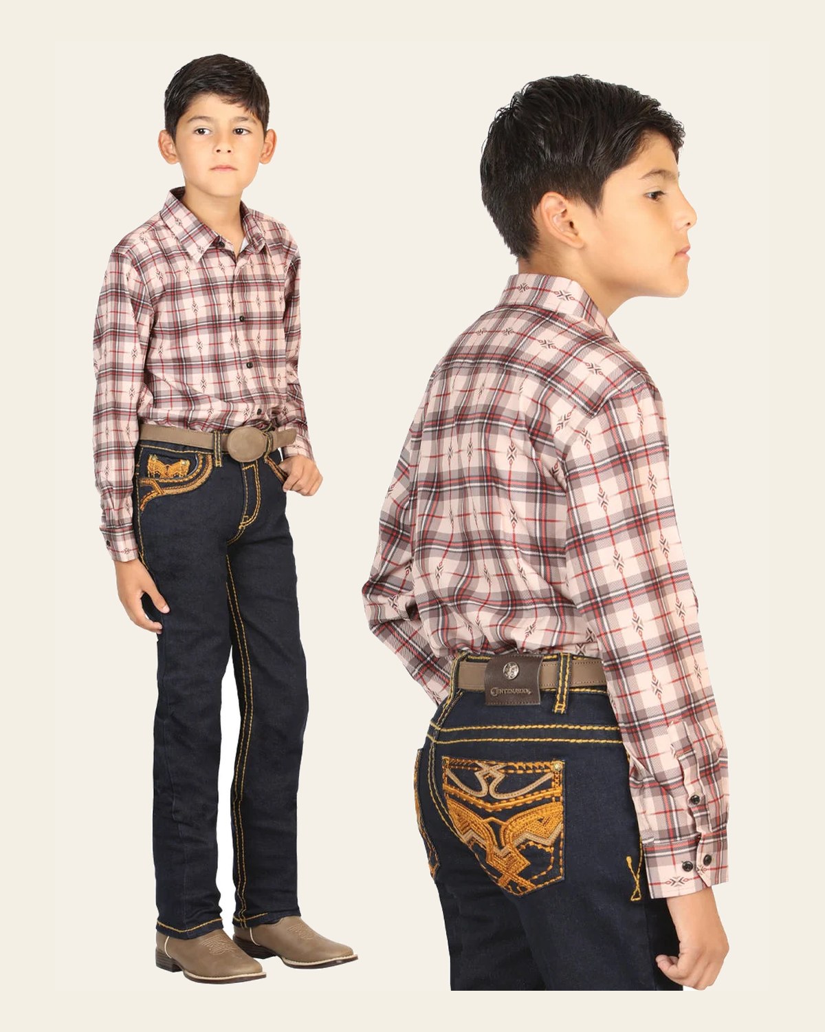 Boys Centenario Premium Bootcut Jeans - Rince Blue Denim 45844 on a warm cream background