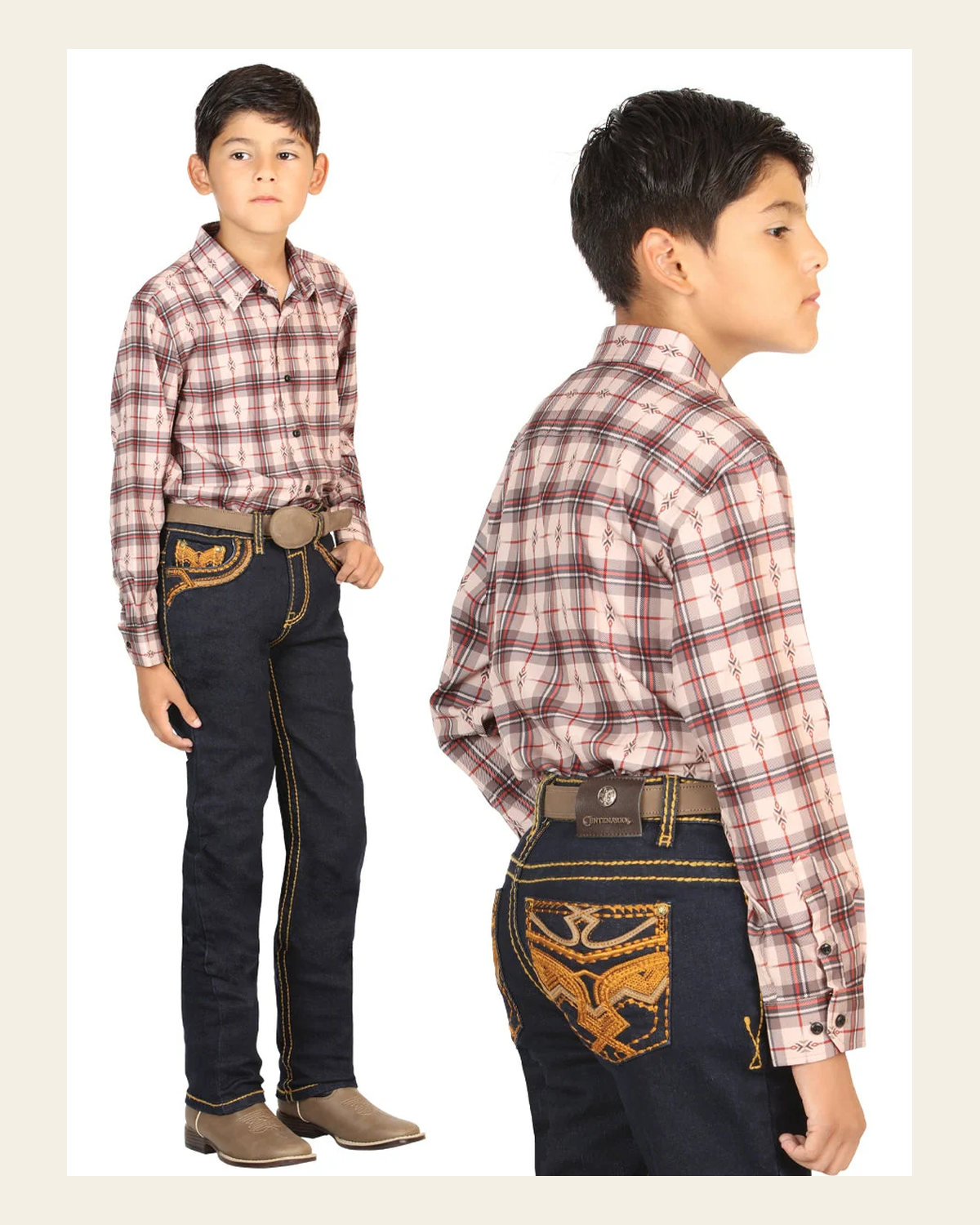 Boys Centenario Premium Bootcut Jeans - Rince Blue Denim 45844 on a warm cream background