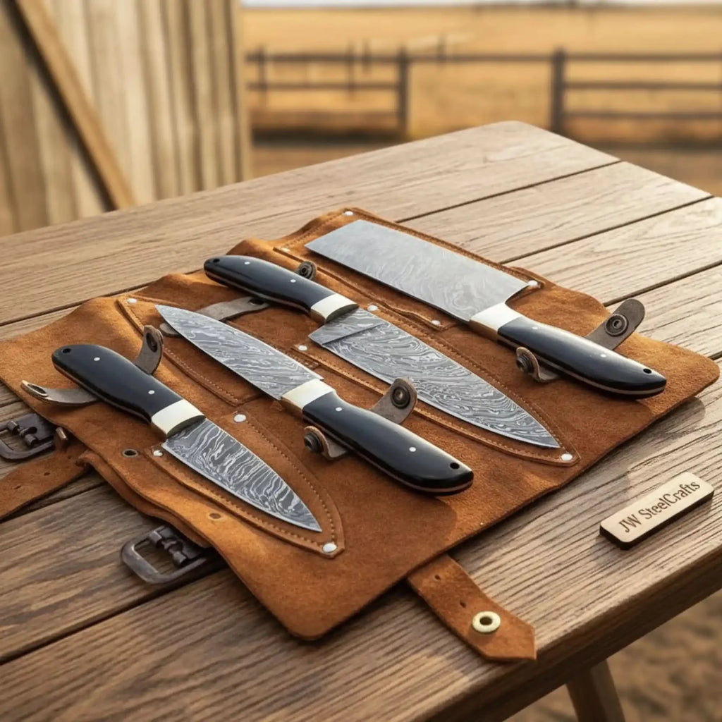 4-Piece Damascus Kitchen Knife Set — Bread, Chef, Utility & Paring with Black Resin Handles, Brass Bolsters & Leather Roll