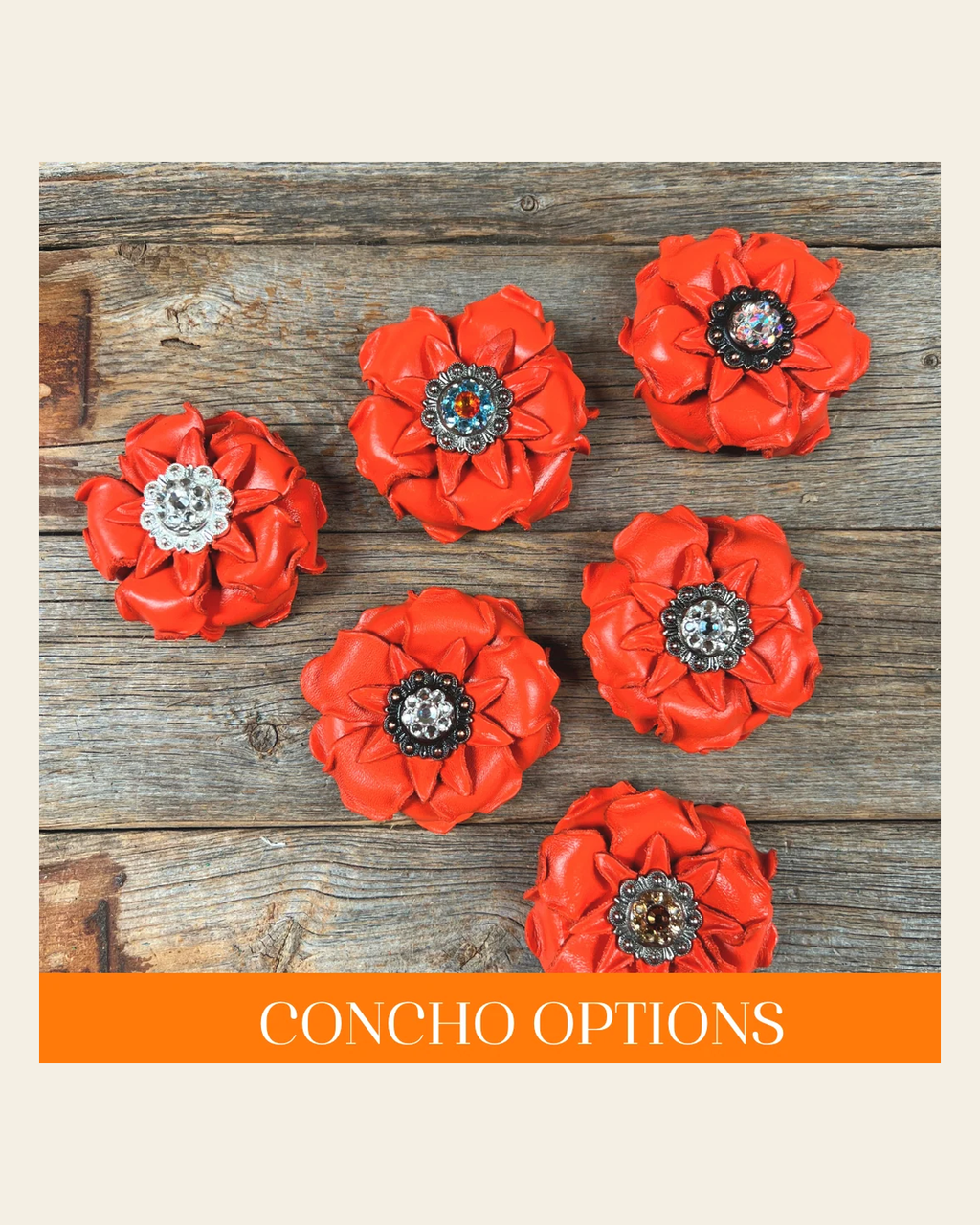 Bright Orange Gardenia Leather Flowers - 1" Crystal Conchos - Options on a warm cream background