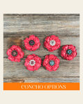Bright Pink Gardenia Leather Flowers - 1" Crystal Conchos - Options on a warm cream background
