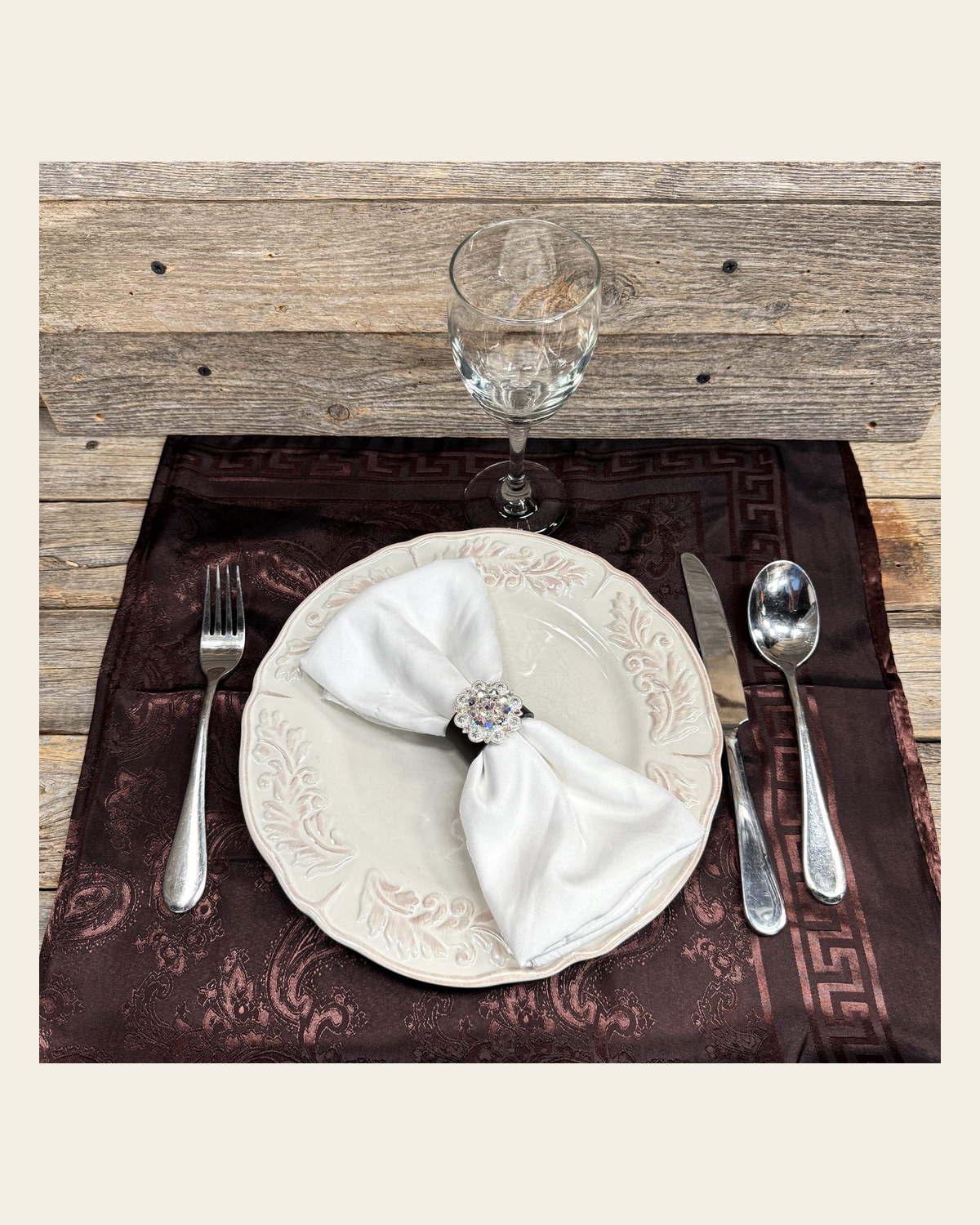 Bright Silver AB Crystal Concho Napkin Ring #CNR104 on a warm cream background