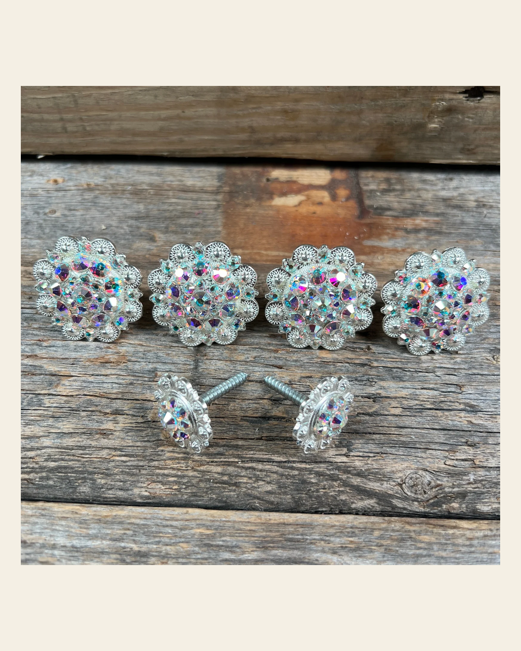 Bright Silver AB Saddle Conchos on a warm cream background
