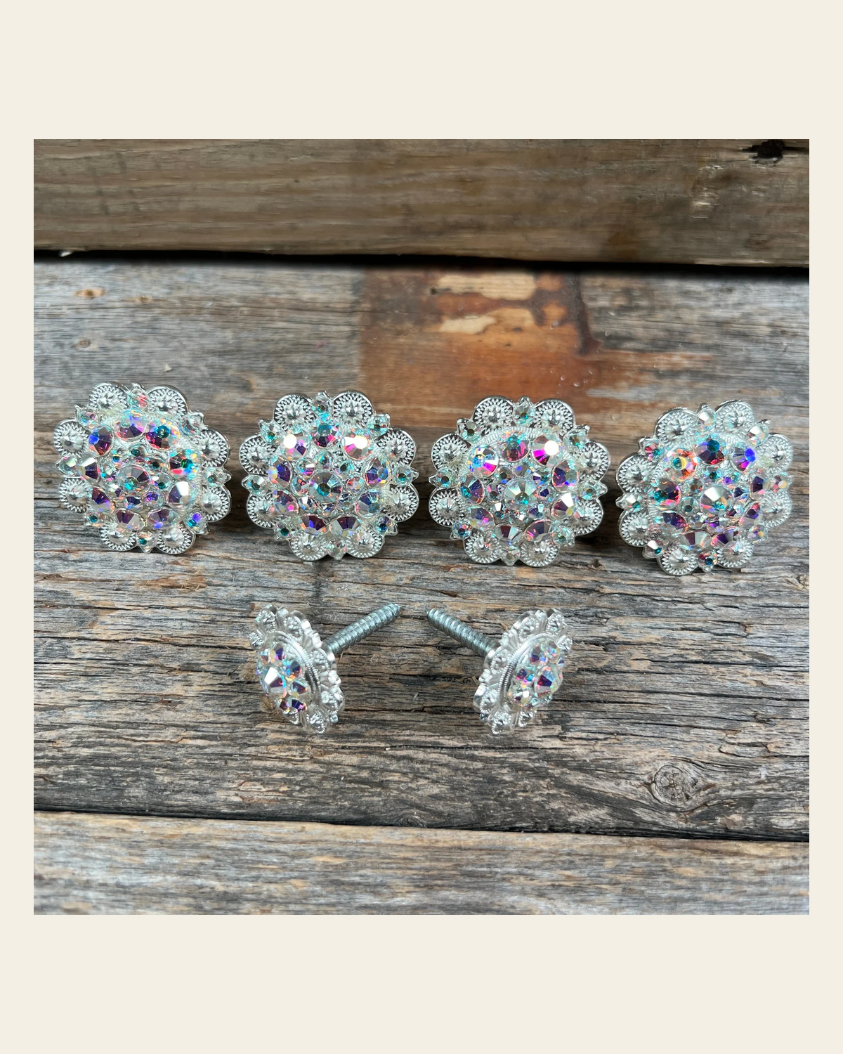 Bright Silver AB Saddle Conchos on a warm cream background
