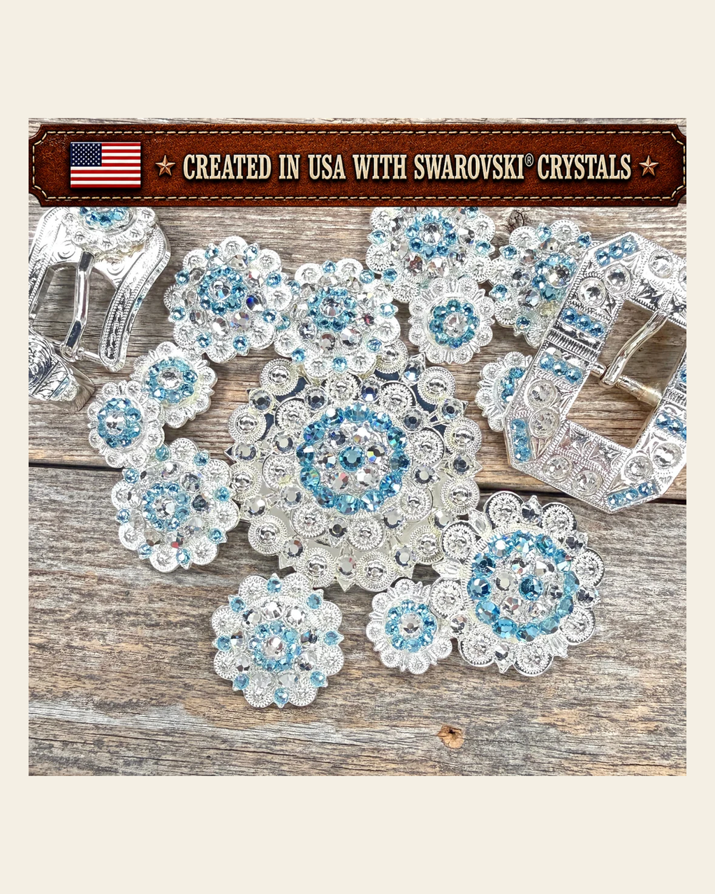 Bright Silver Aqua - Clear Crystal Conchos | Sizes 1"- 3" | Buckles | Saddle Set | Leather Rosettes | Slide on a warm cream background