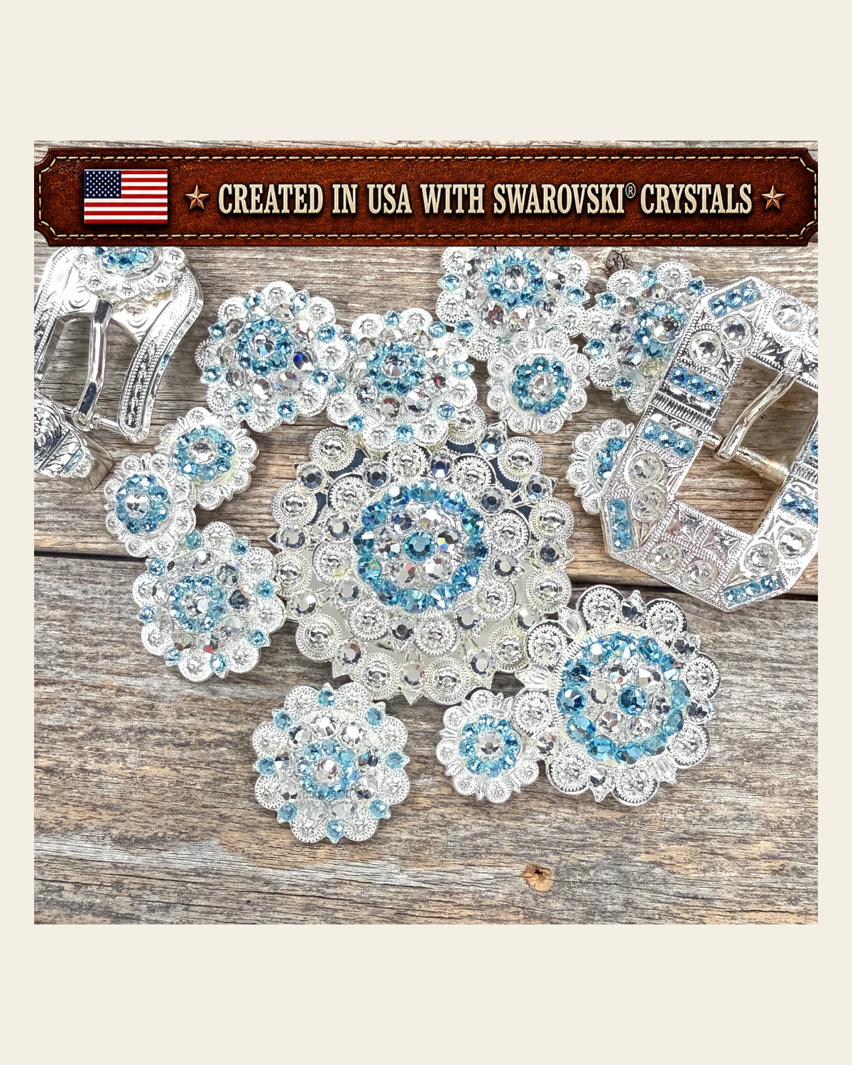Bright Silver Aqua - Clear Crystal Conchos | Sizes 1"- 3" | Buckles | Saddle Set | Leather Rosettes | Slide on a warm cream background