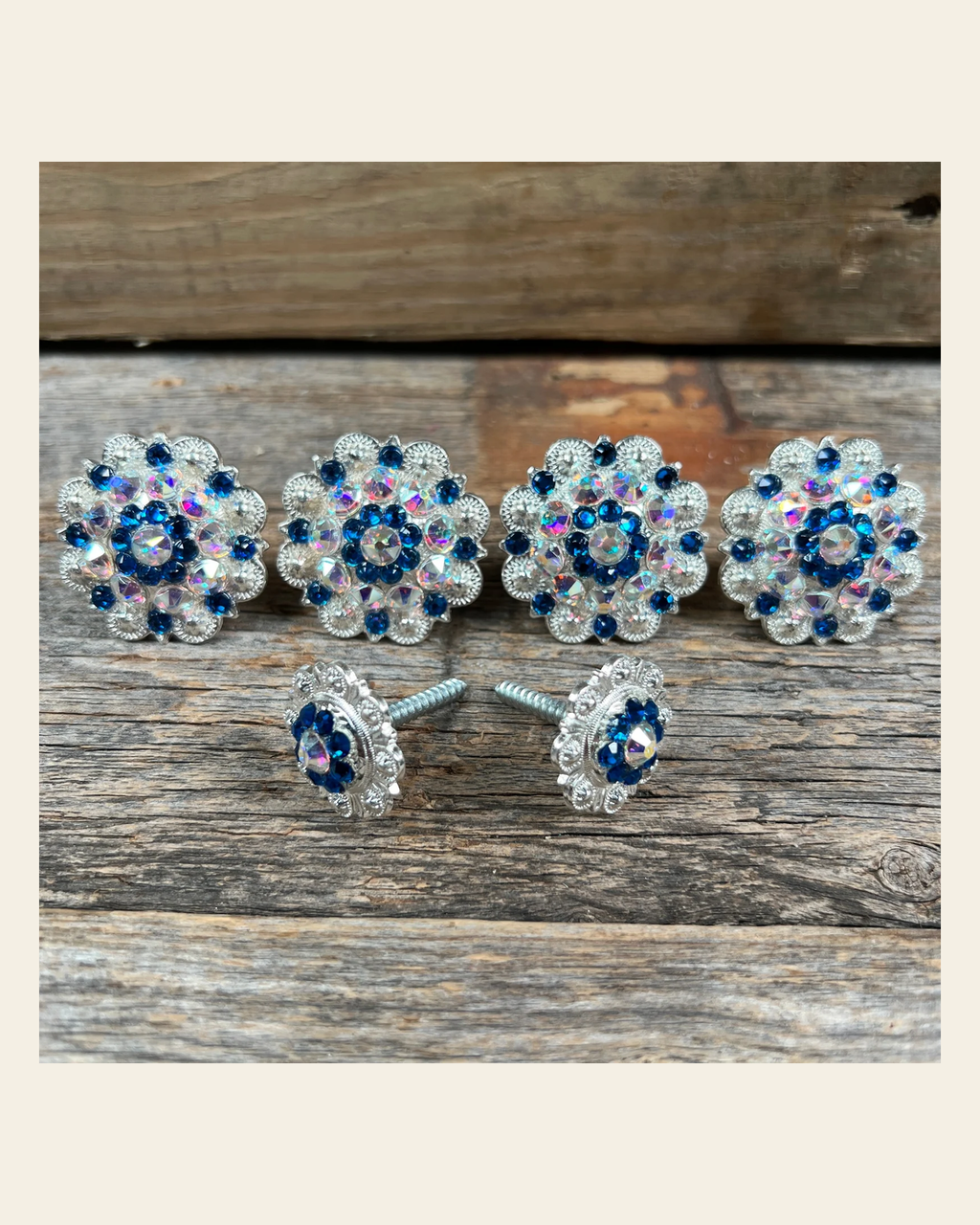 Bright Silver Capri & AB Saddle Conchos on a warm cream background
