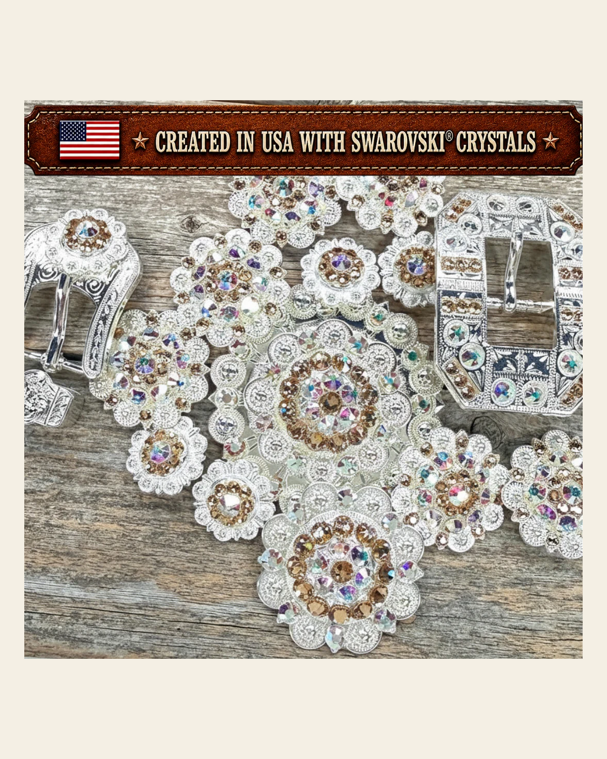 Bright Silver Champagne - AB Crystal Conchos | Sizes 1"- 3" | Buckles | Saddle Set | Leather Rosettes | Slide on a warm cream background