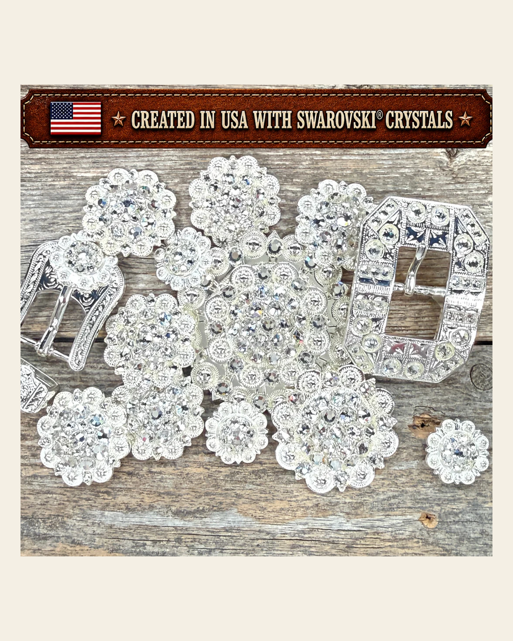 Bright Silver Clear Crystal Conchos | Sizes 1"- 3" | Buckles | Saddle Set | Leather Rosettes | Slide on a warm cream background