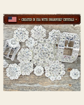 Bright Silver Clear Crystal Conchos | Sizes 1"- 3" | Buckles | Saddle Set | Leather Rosettes | Slide on a warm cream background