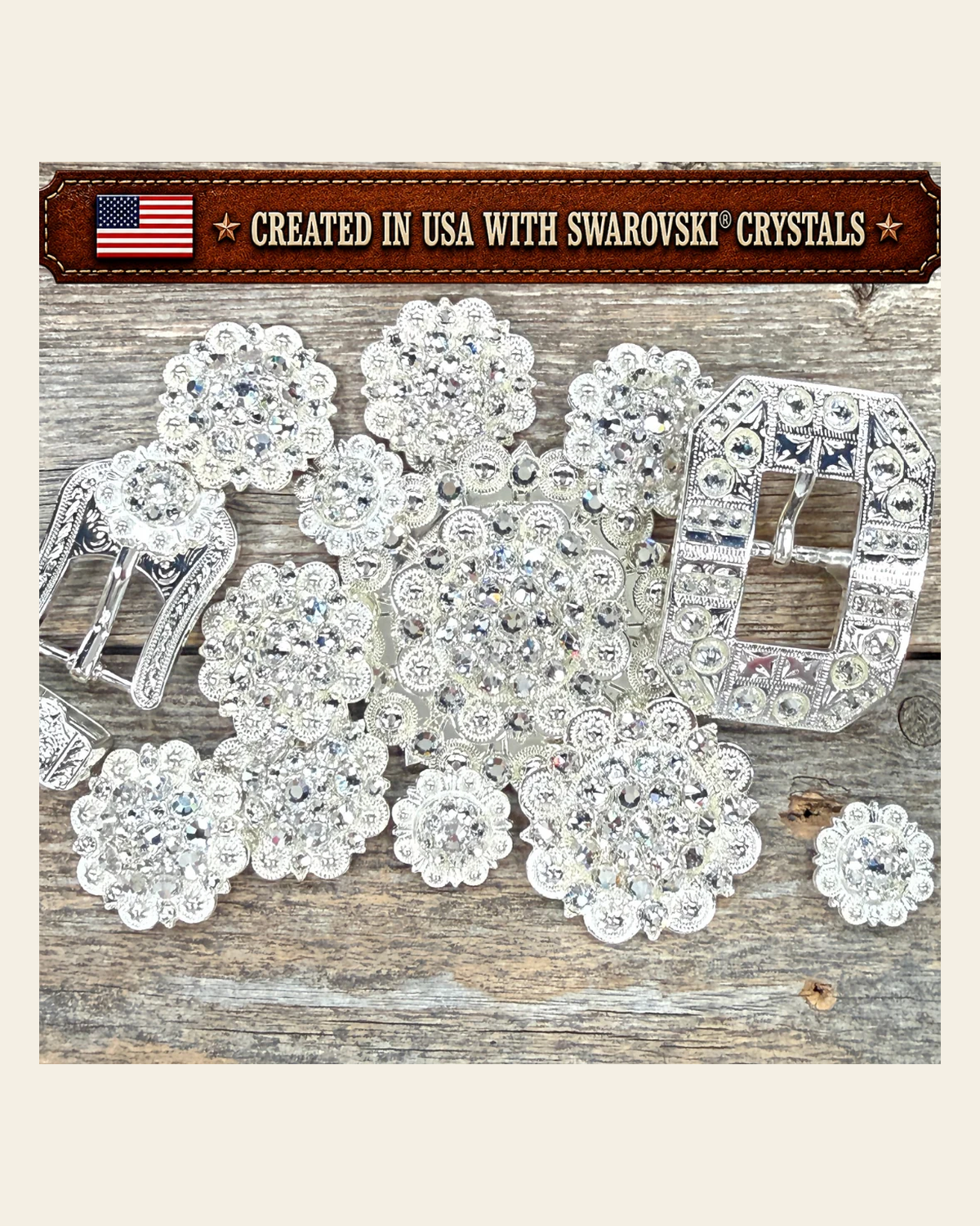 Bright Silver Clear Crystal Conchos | Sizes 1"- 3" | Buckles | Saddle Set | Leather Rosettes | Slide on a warm cream background