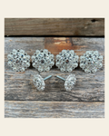 Bright Silver Clear Saddle Conchos on a warm cream background