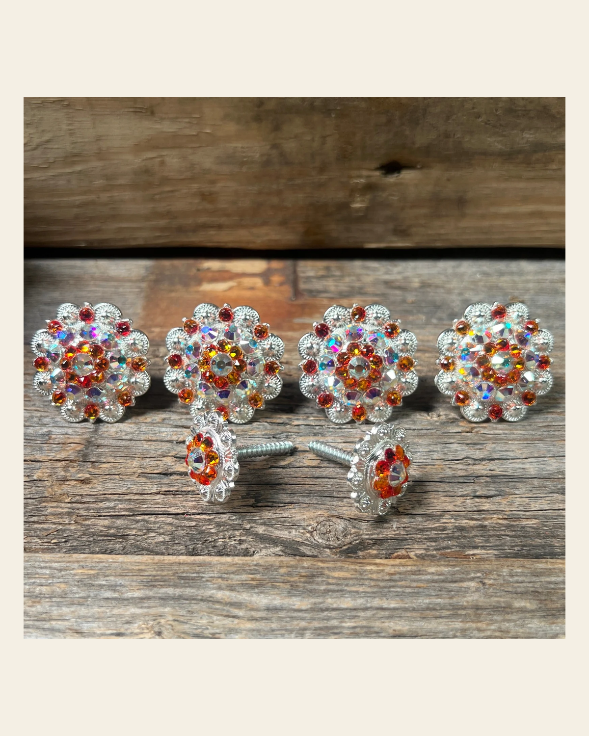 Bright Silver Fire Opal & AB Saddle Conchos on a warm cream background
