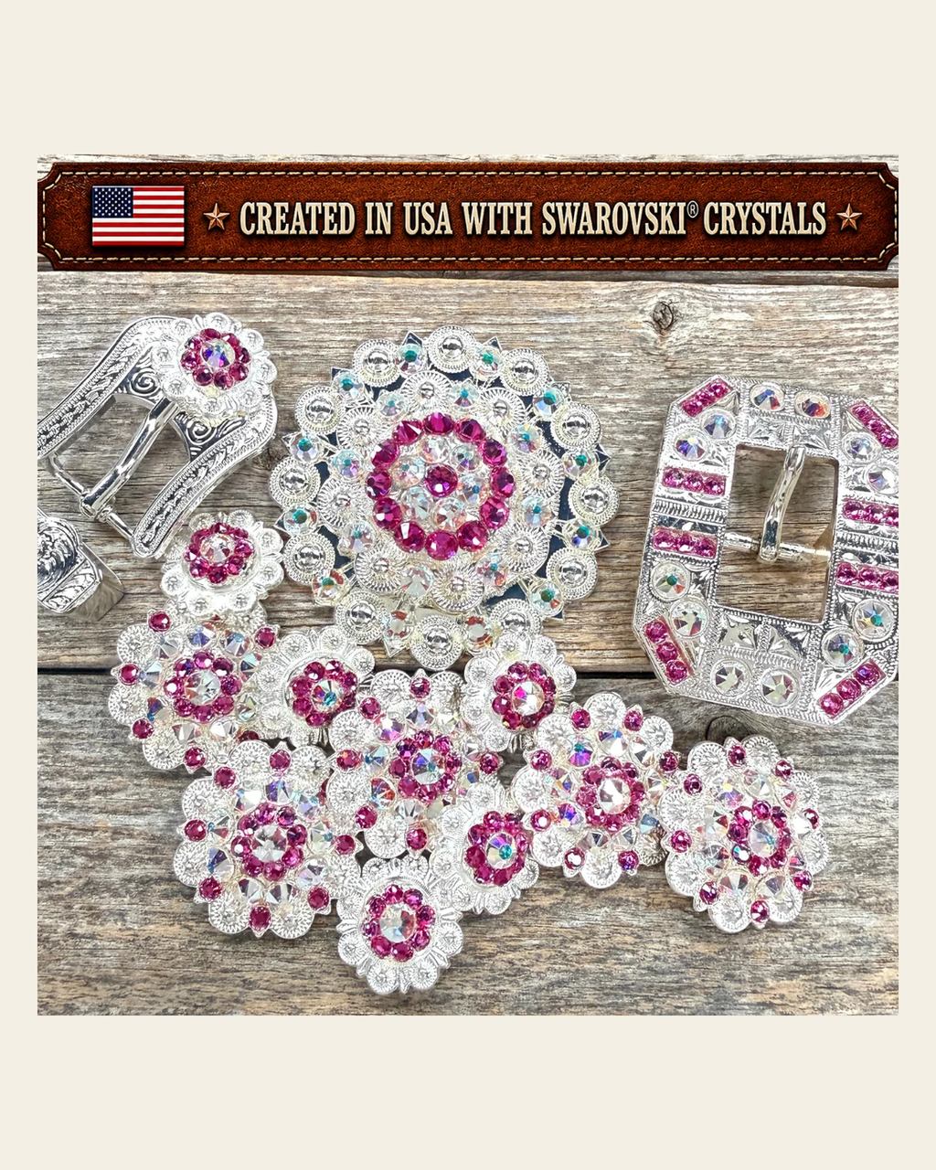 Bright Silver Fuchsia - AB Crystal Conchos | Sizes 1"- 3" | Buckles | Saddle Set | Leather Rosettes | Slide on a warm cream background