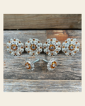 Bright Silver Golden & Clear Saddle Conchos on a warm cream background