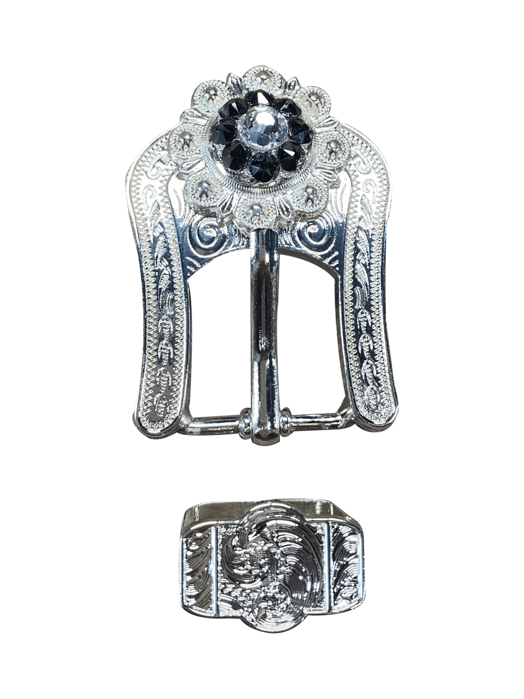 Jet & Clear Bright Silver European Crystal Buckle Keeper Set