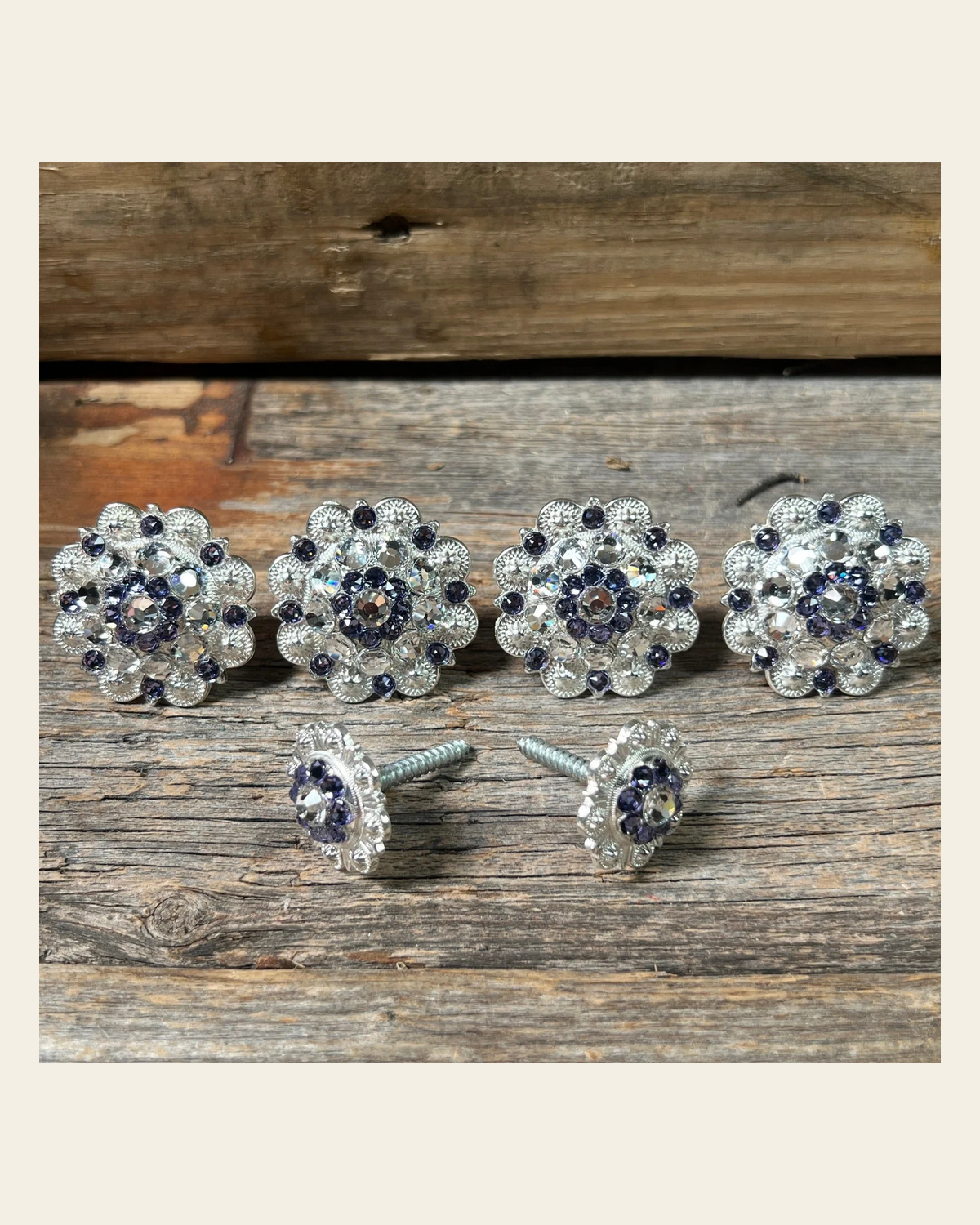 Bright Silver Lilac & Clear Saddle Conchos on a warm cream background