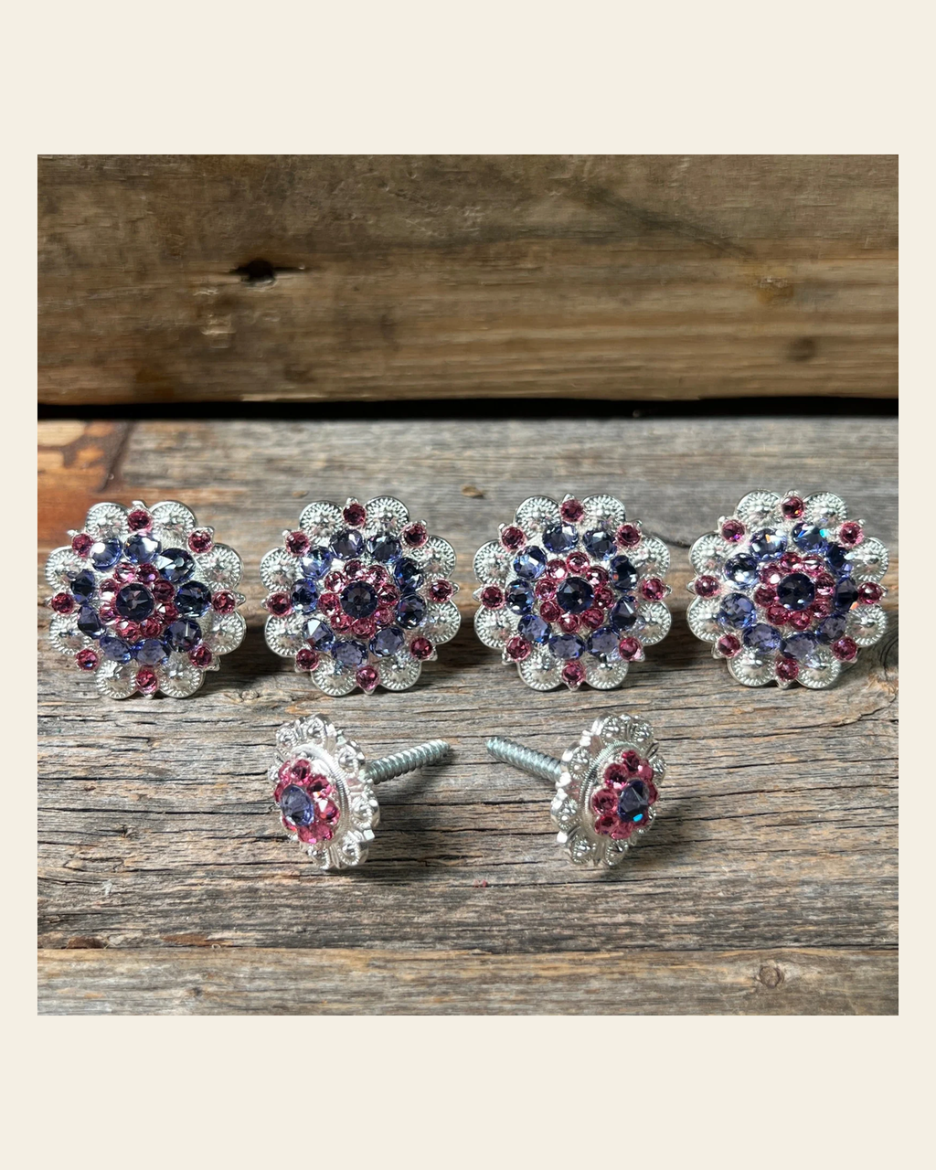 Bright Silver Lilac & Pink Saddle Conchos on a warm cream background