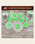 Bright Silver Neon Green - AB Crystal Conchos | Sizes 1"- 3" | Buckles | Saddle Set | Leather Rosettes | Slide on a warm cream background