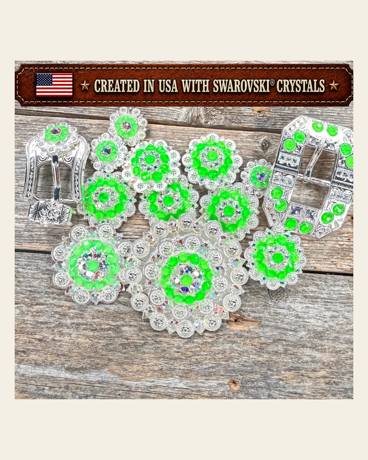 Bright Silver Neon Green - AB Crystal Conchos | Sizes 1"- 3" | Buckles | Saddle Set | Leather Rosettes | Slide on a warm cream background