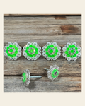 Bright Silver Neon Green & AB Saddle Conchos on a warm cream background