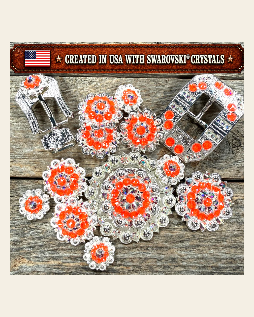 Bright Silver Neon Orange - AB Crystal Conchos | Sizes 1"- 3" | Buckles | Saddle Set | Leather Rosettes | Slide on a warm cream background