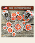 Bright Silver Neon Orange - AB Crystal Conchos | Sizes 1"- 3" | Buckles | Saddle Set | Leather Rosettes | Slide on a warm cream background