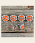 Bright Silver Neon Orange & AB Saddle Conchos on a warm cream background