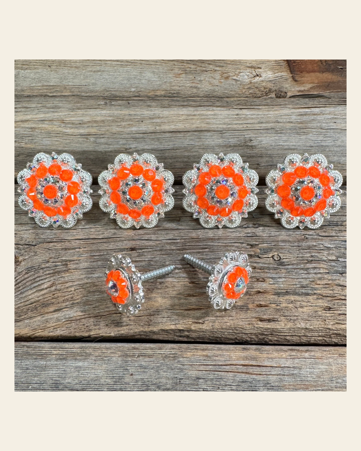 Bright Silver Neon Orange & AB Saddle Conchos on a warm cream background