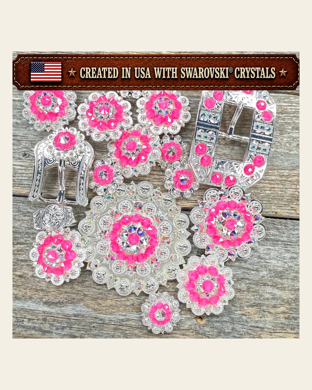 Bright Silver Neon Pink - AB Crystal Conchos | Sizes 1"- 3" | Buckles | Saddle Set | Leather Rosettes | Slide on a warm cream background