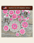 Bright Silver Neon Pink - AB Crystal Conchos | Sizes 1"- 3" | Buckles | Saddle Set | Leather Rosettes | Slide on a warm cream background