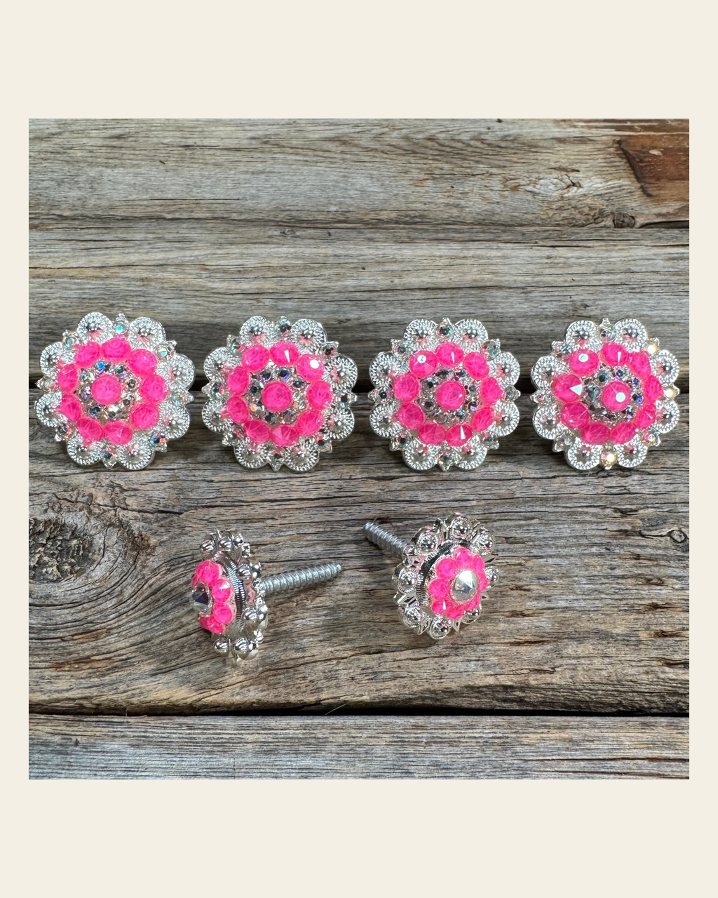 Bright Silver Neon Pink & AB Saddle Conchos on a warm cream background