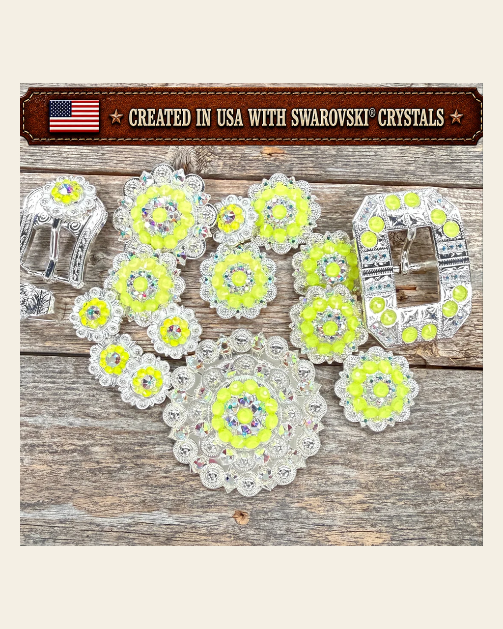 Bright Silver Neon Yellow - AB Crystal Conchos| Sizes 1"- 3" | Buckles | Saddle Set | Leather Rosettes | Slide on a warm cream background