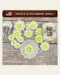 Bright Silver Neon Yellow - AB Crystal Conchos| Sizes 1"- 3" | Buckles | Saddle Set | Leather Rosettes | Slide on a warm cream background