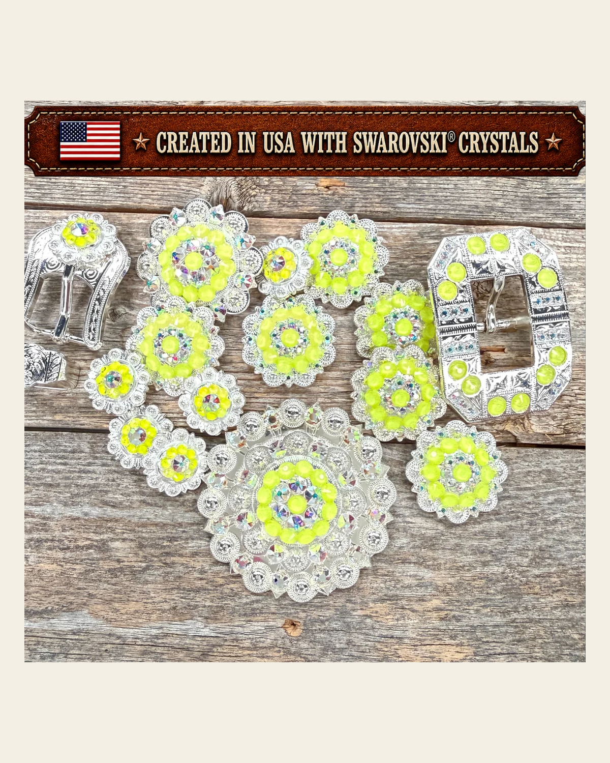 Bright Silver Neon Yellow - AB Crystal Conchos| Sizes 1"- 3" | Buckles | Saddle Set | Leather Rosettes | Slide on a warm cream background